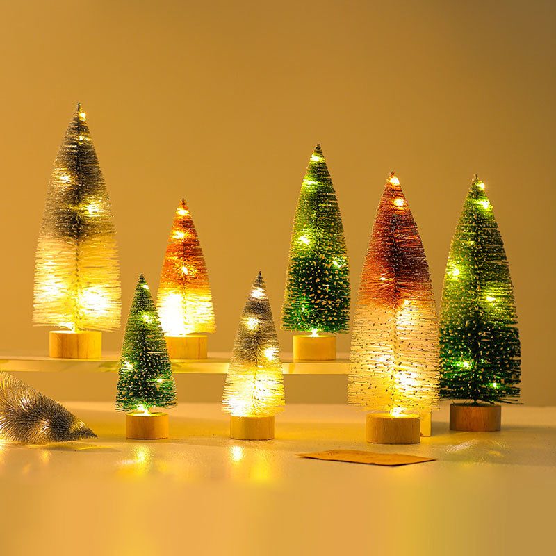 Miniature Artificial Christmas Trees with Delicate Fairy Lights | Realistic Pine Finish on a Wooden Base | Green or Silver