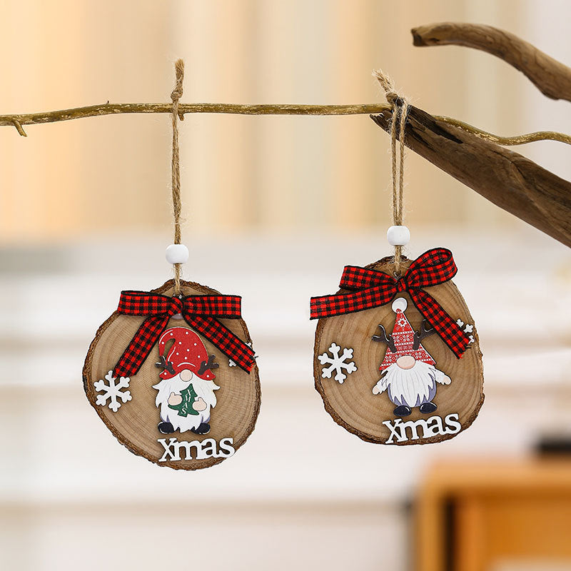 Wooden Gnome Ornaments with Xmas Lettering and Snowflakes | Jute Cord for the Christmas Tree or Door Handle | Plaid Bow