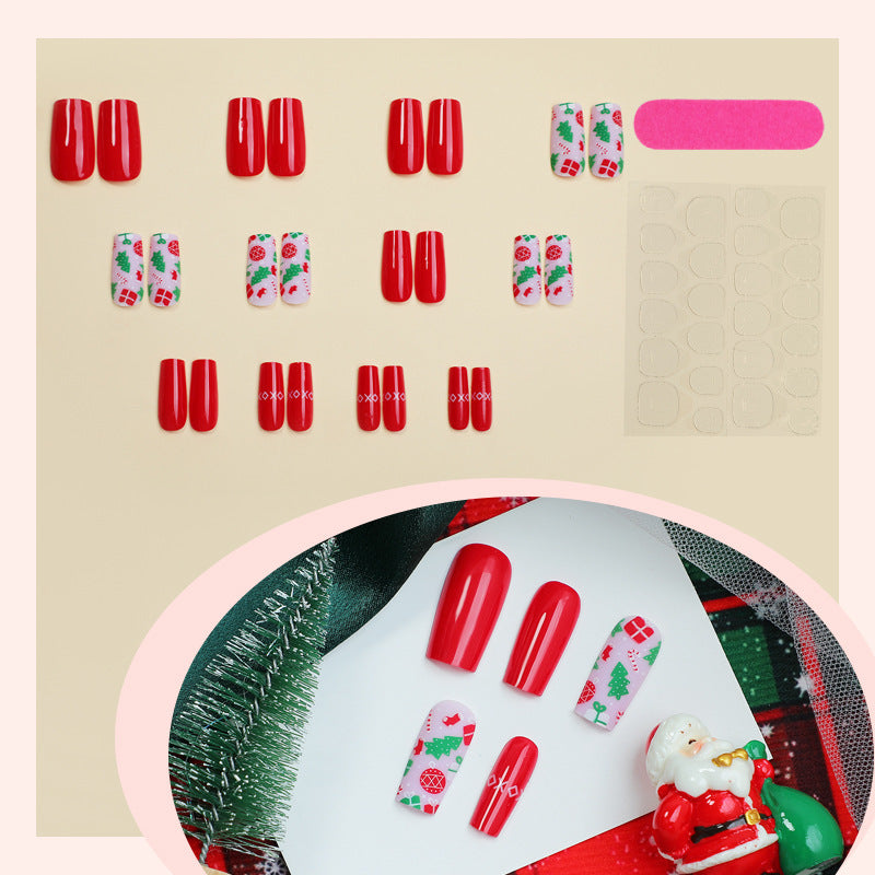 Red Christmas Tree Nails with Glitter Accents | Press On Fingernails in Mixed Sizes | Festive Winter Manicure Kit