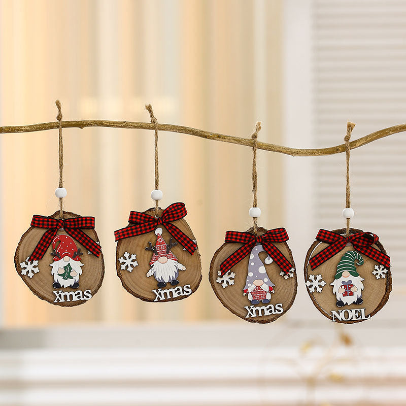 Wooden Gnome Ornaments with Xmas Lettering and Snowflakes | Jute Cord for the Christmas Tree or Door Handle | Plaid Bow