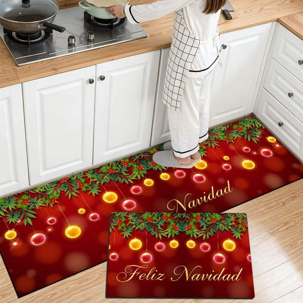 Christmas Kitchen Runner with Tree and Ornament Print | Cushioned Non-Slip Indoor Mat | Festive Floor Decor for Sink and Stove