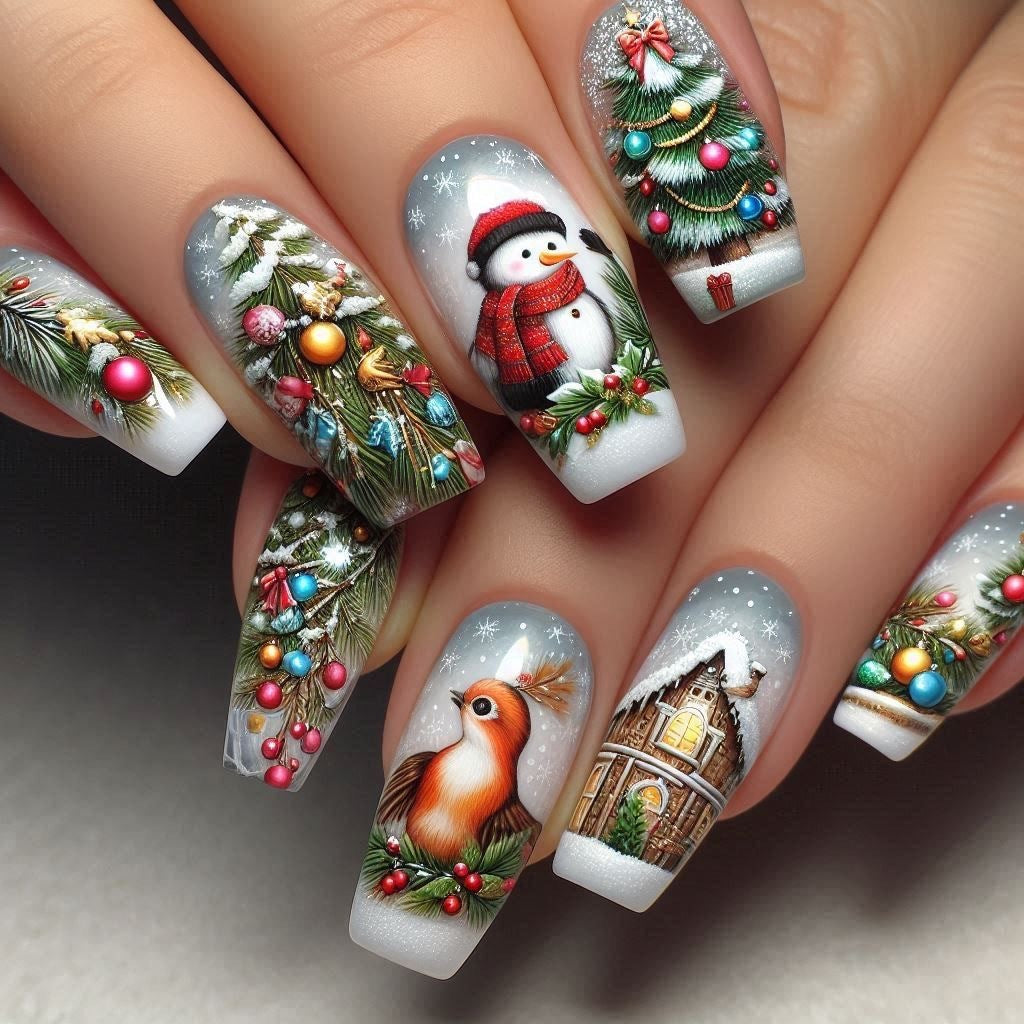 Christmas Nails with Snowmen and Tree Scenes | Press On Nail Set in White | Festive Winter Manicure for Xmas Parties