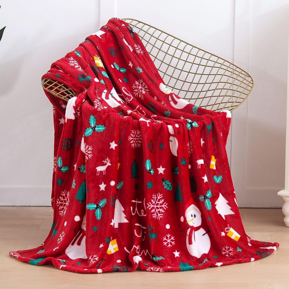 Santa and Snowman Plush Fleece Blanket in Blue | Soft Christmas Throw for Family Movie Nights | Two Sizes Available