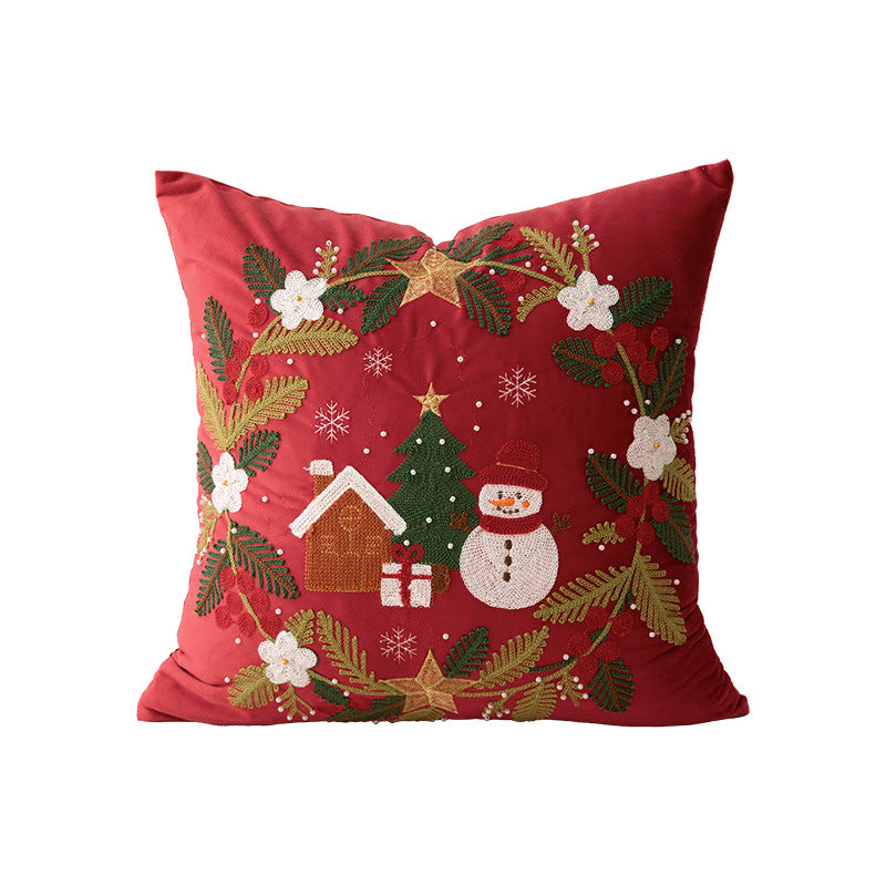 Embroidered Christmas Pillow Cover with Snowman and Fir Sprigs | Cotton Linen Blend, Invisible Zipper | Indoor Decorations