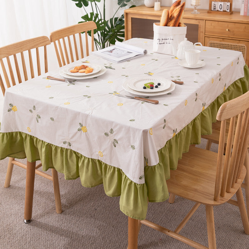 Embroidered Floral Tablecloth with Ruffled Hem | Machine Washable Table Cover for Everyday Dining | 59 x 39 in