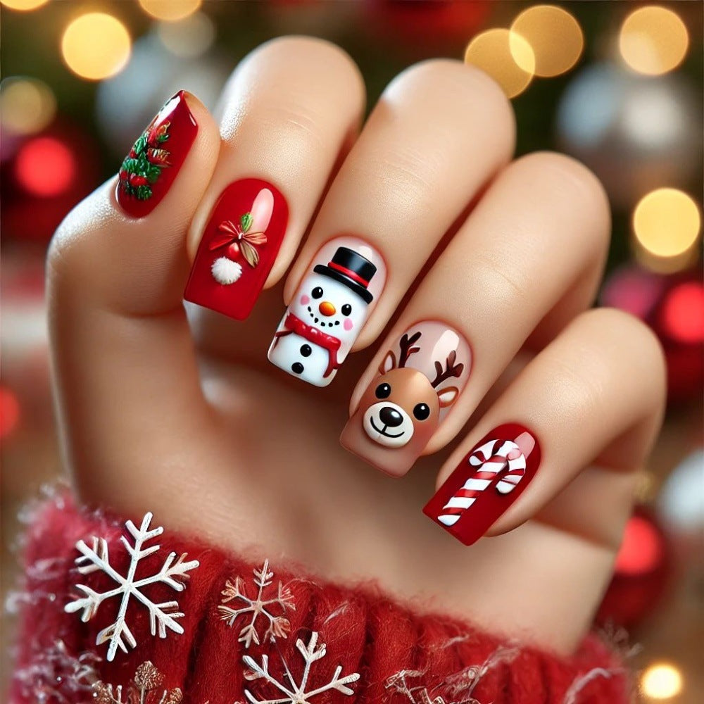 Snowman and Reindeer Nails for Christmas | Press On Nail Designs with Winter Motifs | Festive Manicure for Parties