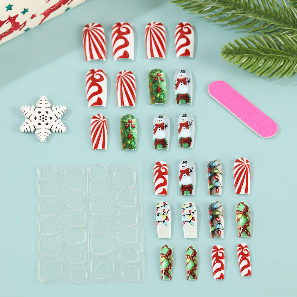 Candy Cane and Snowman Christmas Nails | 24 Glossy Press On Fingernails | Adhesive Tabs for Festive Winter Parties
