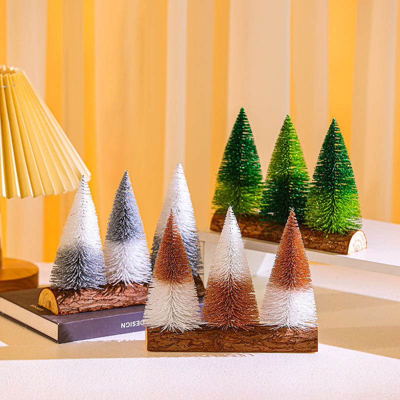 Artificial Christmas Trees on a Wooden Base with Sparkling LED Lights | Battery Powered Tabletop Set | Green, Orange or Silver
