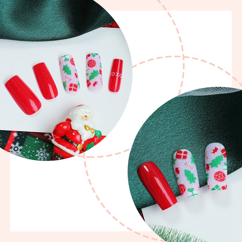 Red Christmas Tree Nails with Glitter Accents | Press On Fingernails in Mixed Sizes | Festive Winter Manicure Kit