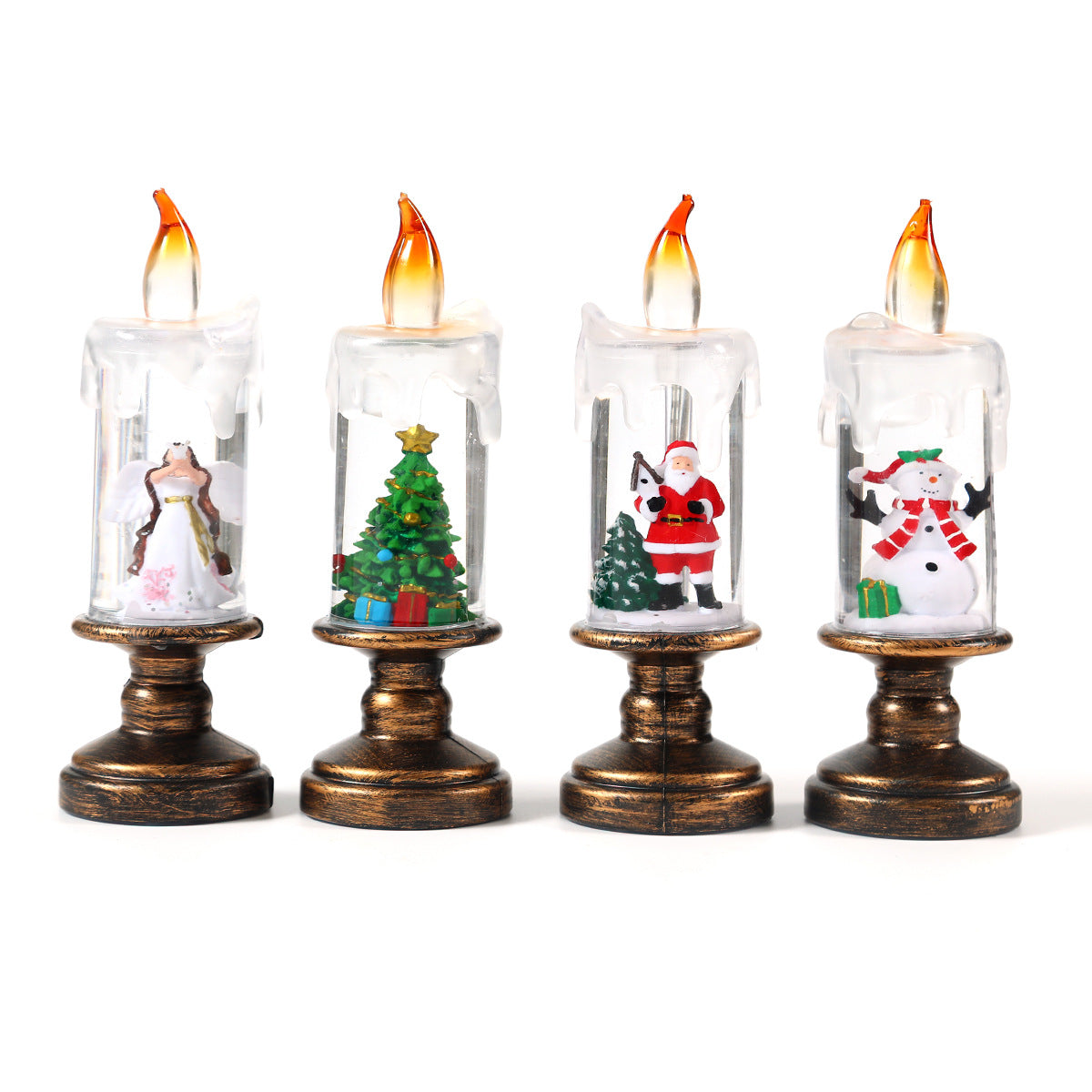 LED Christmas Candle Lights with a Santa or Tree Figure Inside | Warm White Glow on a Brass Look Stand | Switch Under the Base