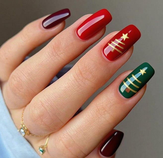 Red and Green Christmas Nails with Gold Star Art | High Gloss Salon Finish | Chip Resistant Set for the Whole Season