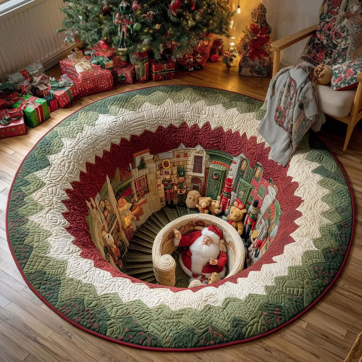 Round Christmas Rug with Festive Seasonal Motifs | Soft Plush Area Carpet for Living Rooms | Six Designs Available