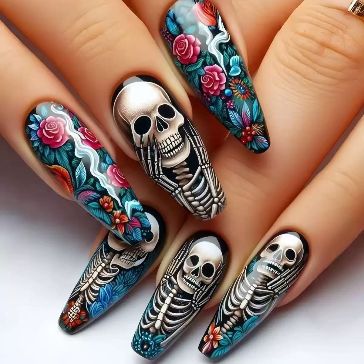 Halloween Skeleton Floral Press-On Nails | Glue-Free Application in Minutes for Parties and Nights Out