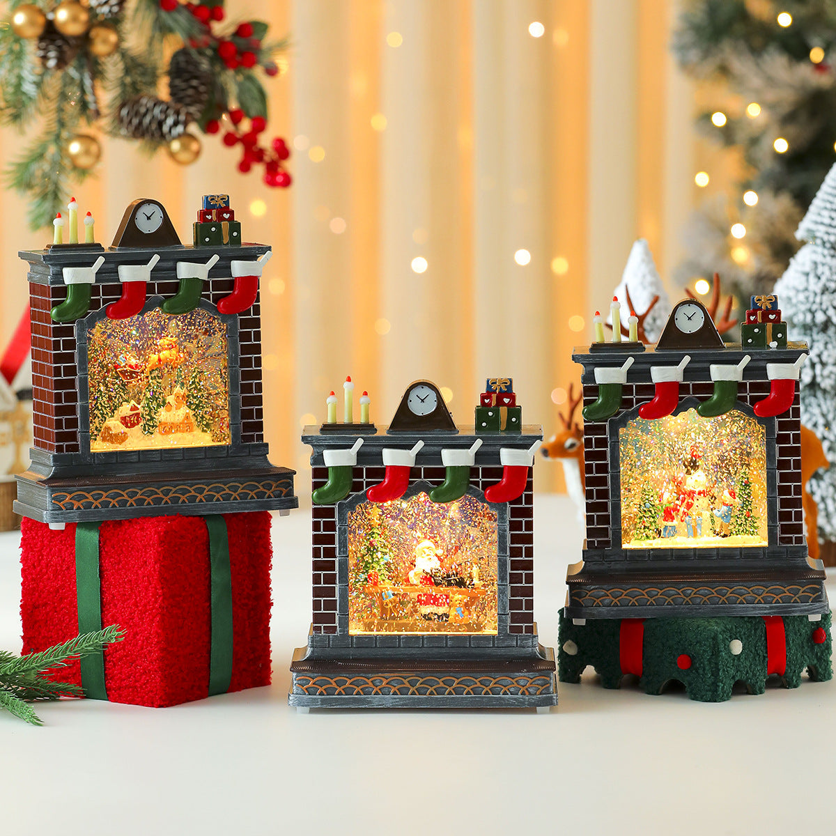 Fireplace Decoration with Christmas Lights | Stockings and Clock Detail | On Off Switch for Mantel or Shelf Display