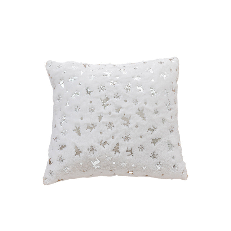 Faux Fur Christmas Throw Pillow with Foil Reindeer and Tree Print | Plush Polyfill, Square Shape | Holiday Decorations