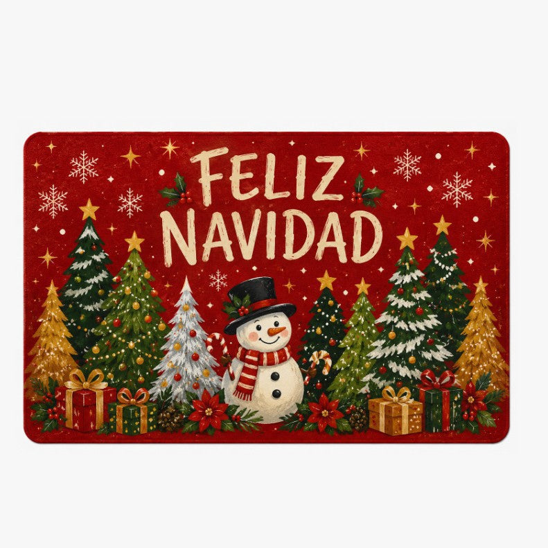 Red and Black Plaid Christmas Door Mat | Ornaments, Snowflakes and Gifts Print | Non-Slip Backing on a Festive Rug