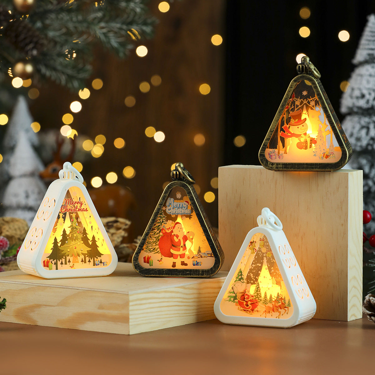 Tree Shaped Christmas Decorations with Santa and a Snowy Scene | Hanging Light Box with On Off Switch | Warm Glow for Indoor Use