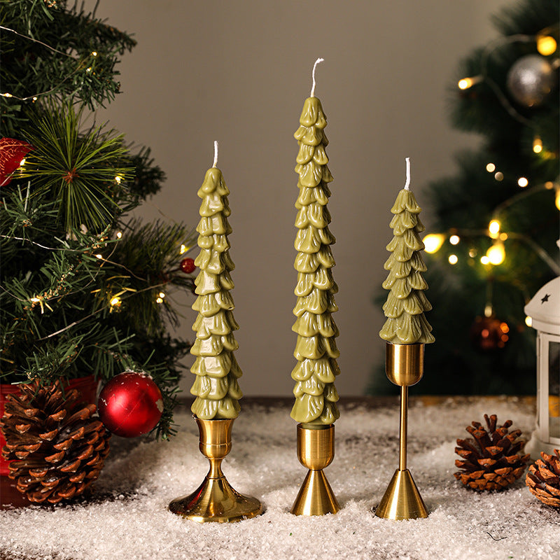 Sculpted Pine Christmas Tree Candles with Brass Finish Holders | Trio Set in Graduated Heights | Festive Table Centerpieces