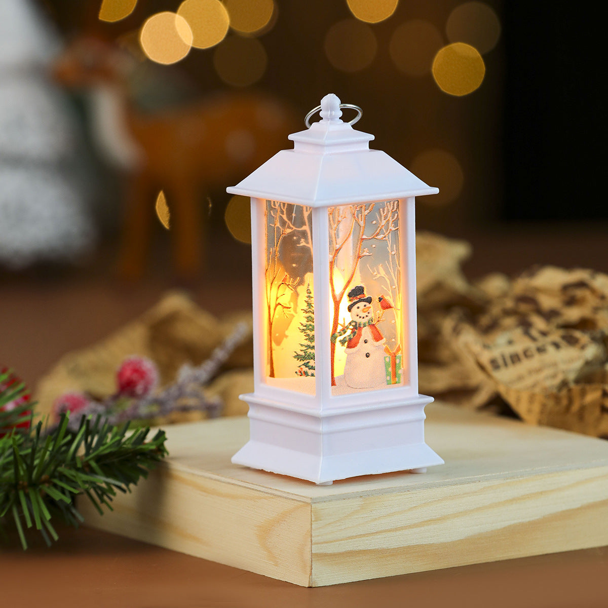 Snowman Scene Christmas Decorations in a Small Flame Lantern | Glittering Trees Around the Figure | Soft Glow for Tabletops