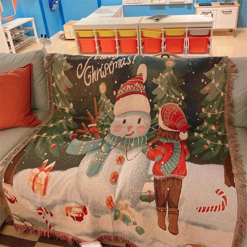Christmas Tapestry Throw Blanket with Snowman and Trees | Soft Warm Fabric for Sofa and Bed | Four Festive Designs