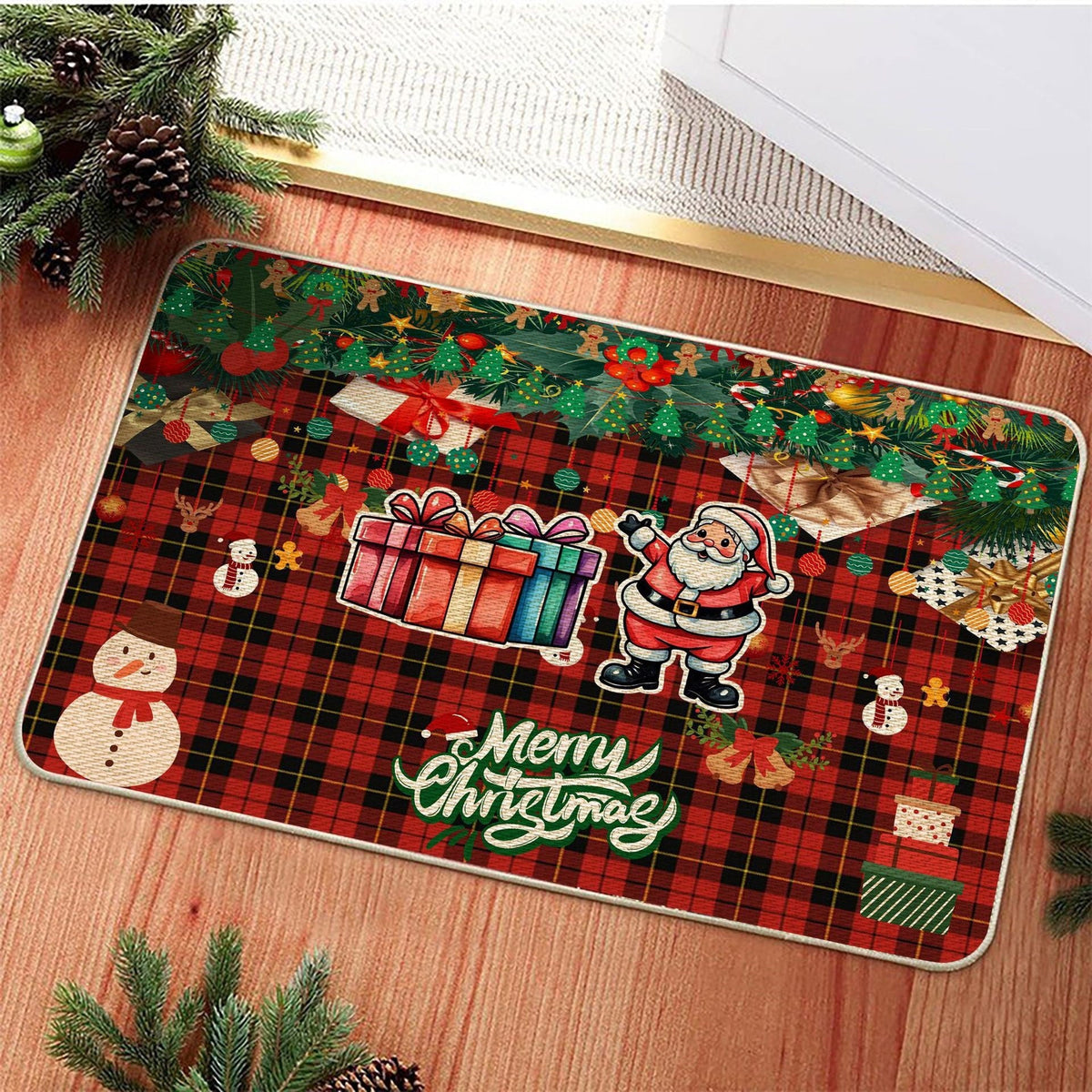 Christmas Welcome Mat with a Cat Design | Non Slip Xmas Door Rug in Two Sizes | Festive Holiday Entrance Decor