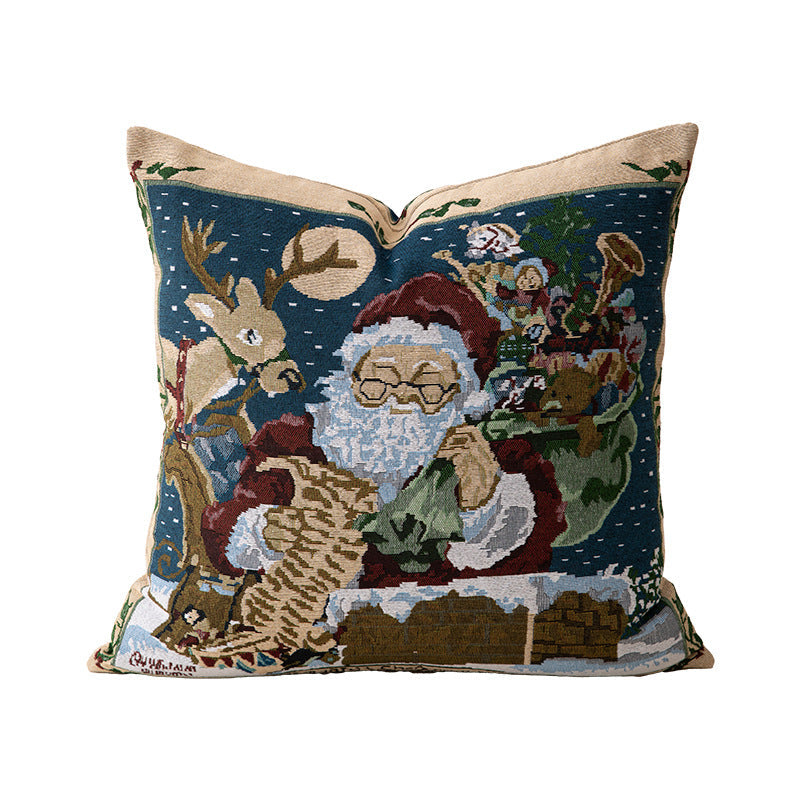 Christmas Home Decor Tapestry Pillow Cover with Santa and Reindeer Motif | Woven Gobelin Texture, Concealed Zipper | Six Designs