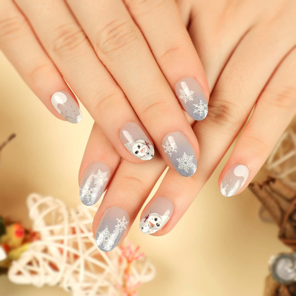 White Christmas Nails with Snowman and Snowflake Art | Frosted Grey Ombre Tips | Shaped To Fit, Easy To Remove