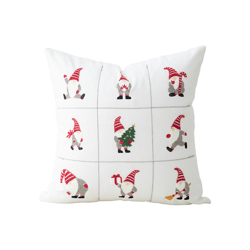 Embroidered Christmas Pillow Cover with Snowman and Fir Sprigs | Cotton Linen Blend, Invisible Zipper | Indoor Decorations