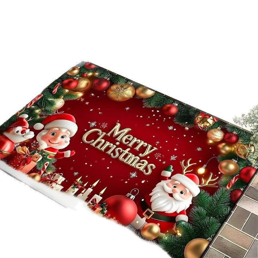 Christmas Door Mat with Santa, Reindeer and Ornaments | Festive Xmas Welcome Rug for the Porch | Holiday Entrance Decor
