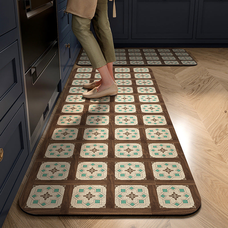 Cushioned Kitchen Rug Runner with Tile Print Border | Non-Slip Backing for Sink and Stove | 13 Designs