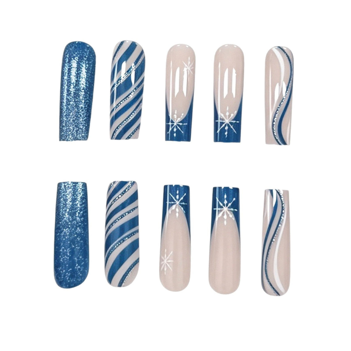 Blue Christmas Nails with Icy Swirl Art | Long Press-On Tips Marbled in White | Radiant Finish for Winter Celebrations