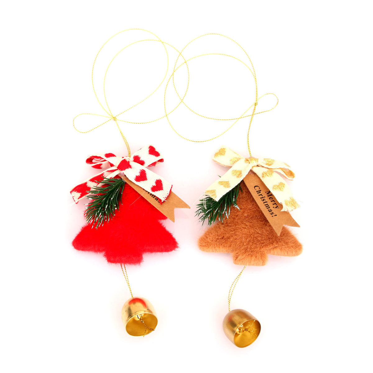 Felt Christmas Tree Ornament with Metal Bell and Merry Greeting | Gold Accent Ribbon and Hanging Cord | Door or Mantel Decorations