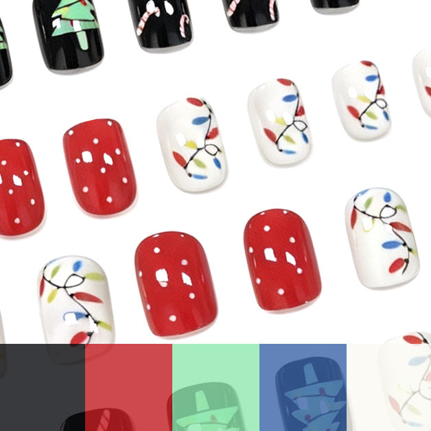 Christmas Light Nails with Tree and Candy Cane Art | Black, Red and White Set | Glossy Long Wearing Shine