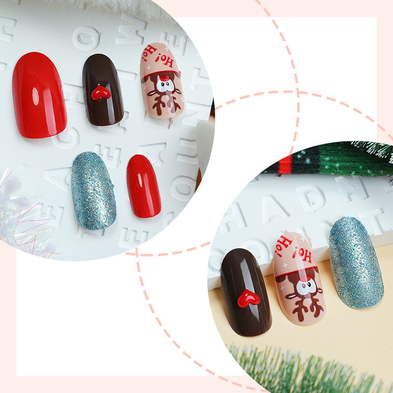 Christmas Press On Nails in Bright Red with Glitter | Set of 24 Fake Nail Tips with Reindeer | Festive Xmas Manicure