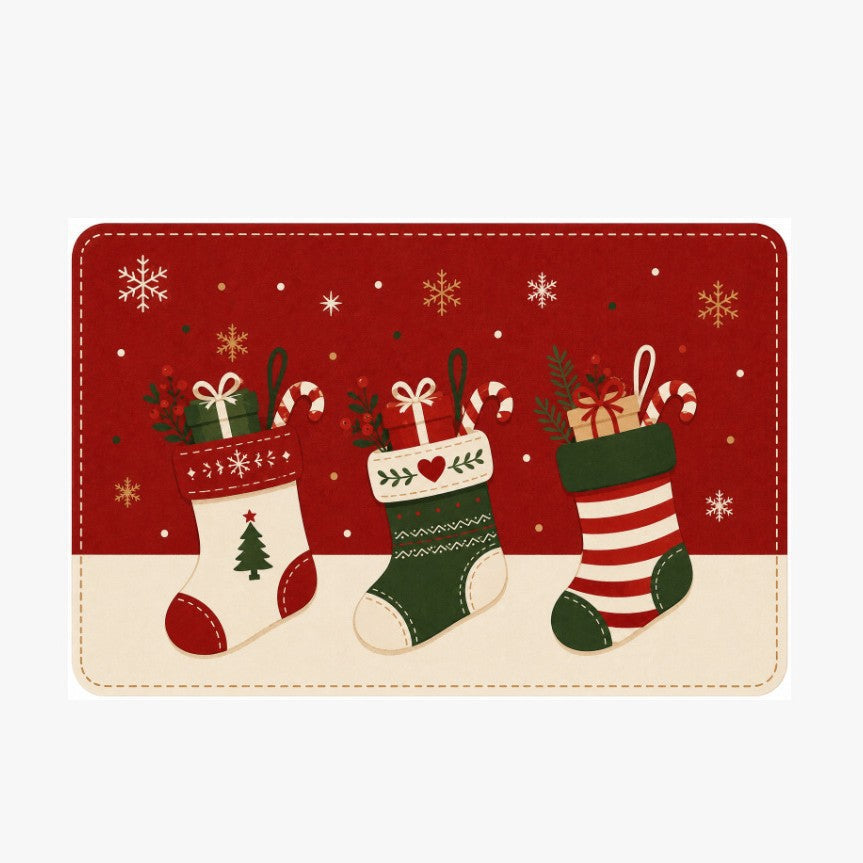 Red and Black Plaid Christmas Door Mat | Ornaments, Snowflakes and Gifts Print | Non-Slip Backing on a Festive Rug