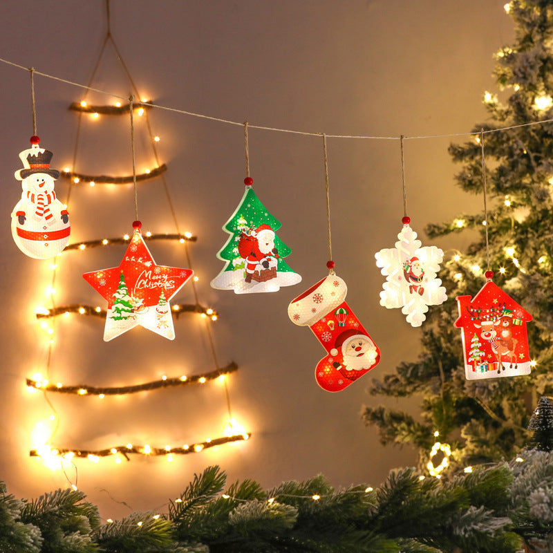 Light Up Snowman Christmas Ornaments with Star, House and Stocking Shapes | Wooden Hanging Decor on a Cord | Warm Indoor Glow