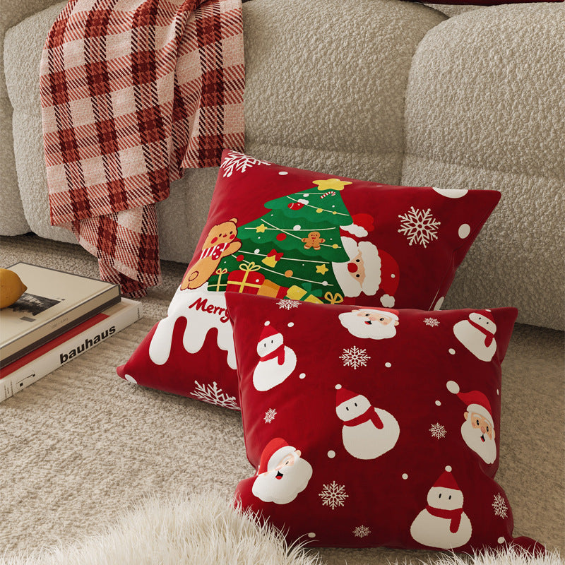Velvet Christmas Pillow Cover with Plush Tree and Santa Print | Hidden Zipper, Colorfast Finish | Holiday Sofa Decorations