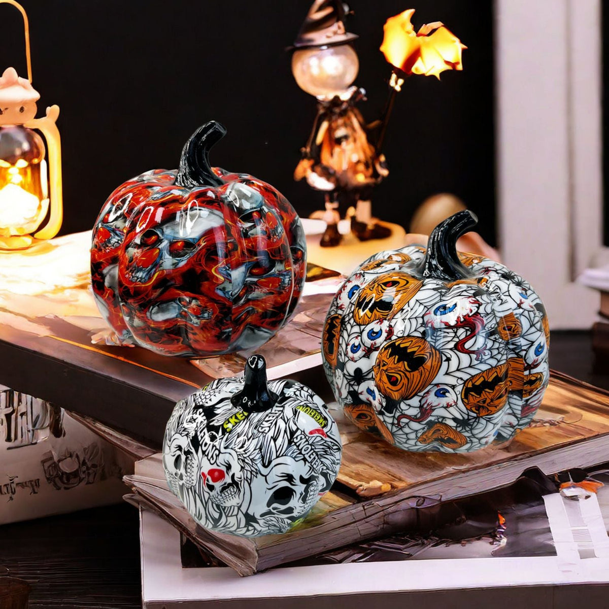 Halloween Pumpkin Decorative Figure | Available in Purple, White, Red | Stands on Shelves, Mantels, and Side Tables