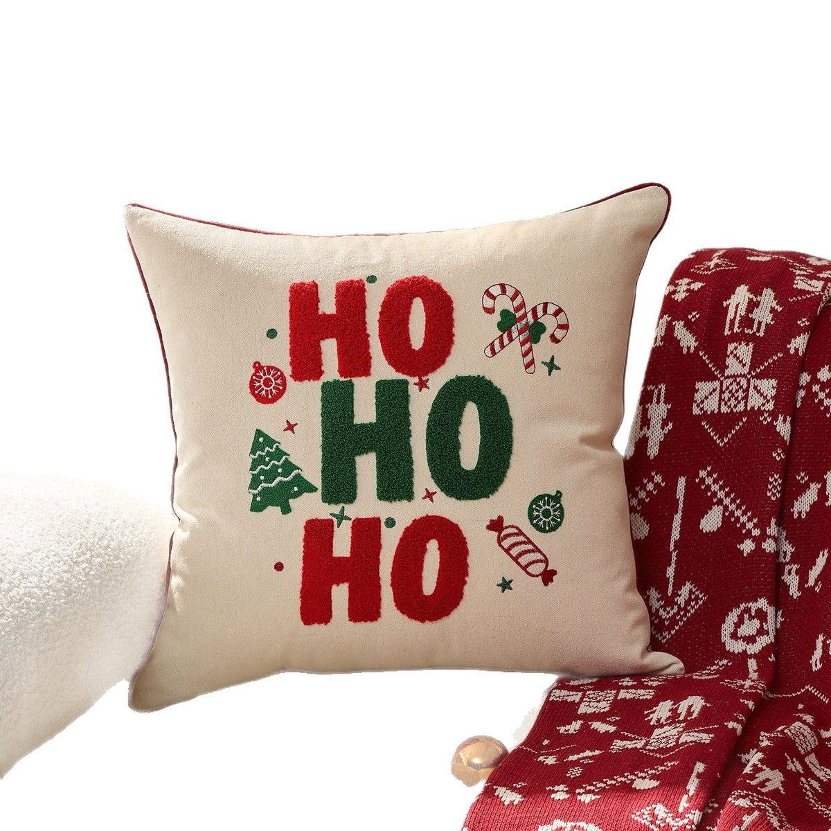 Tufted Chenille Merry Christmas Lumbar Pillow | Piped Edge on a Woven Cover | Red and Green Festive Decorations