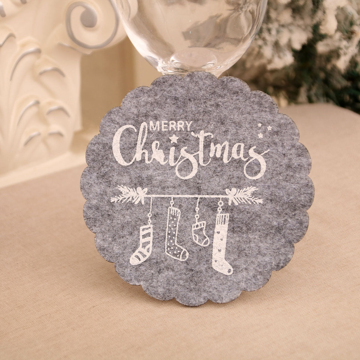 Felt Christmas Table Mats with Scalloped Edges and Merry Print | Round Placemats and Coasters, Two Colorways | Wipe Clean Decorations