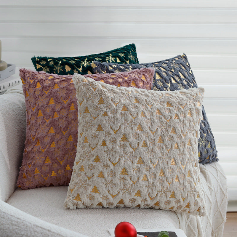Gold Christmas Pillow Cover with Tree and Reindeer Print | Square Velvet Look Fabric, Hidden Zipper | Eight Designs in Three Sizes