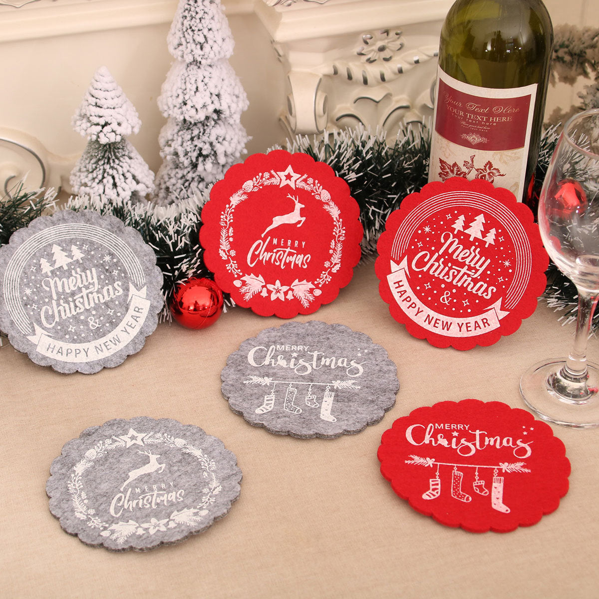 Felt Christmas Table Mats with Scalloped Edges and Merry Print | Round Placemats and Coasters, Two Colorways | Wipe Clean Decorations