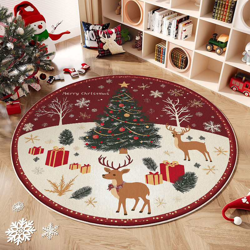 Christmas Tree Round Rug with Gifts and Snowflakes | Machine Washable Festive Floor Mat | Several Seasonal Sizes