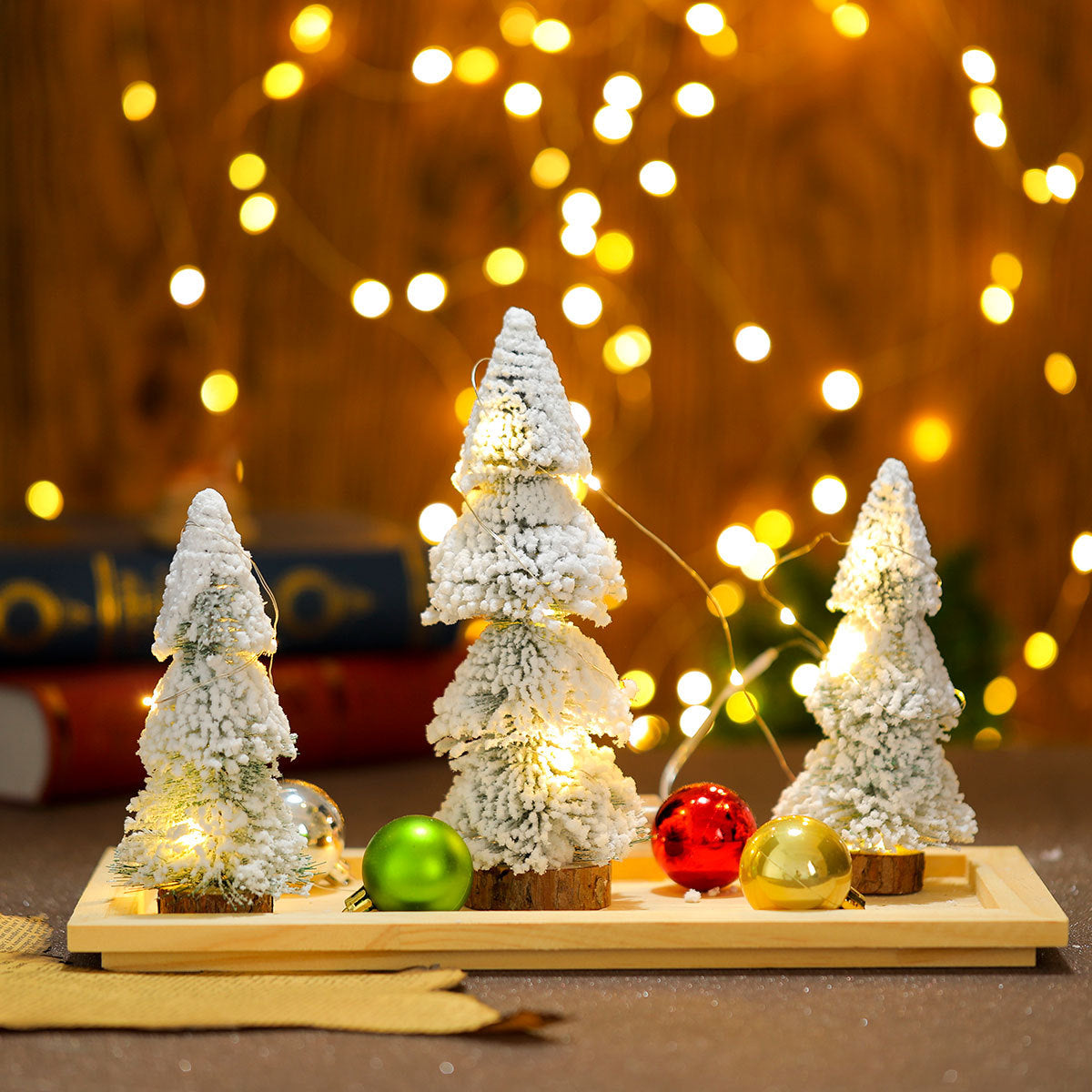Faux Christmas Tree Trio with Snow Dusted Branches | Warm LED Glow, No Assembly Needed | White or Pink Miniature Table Decor