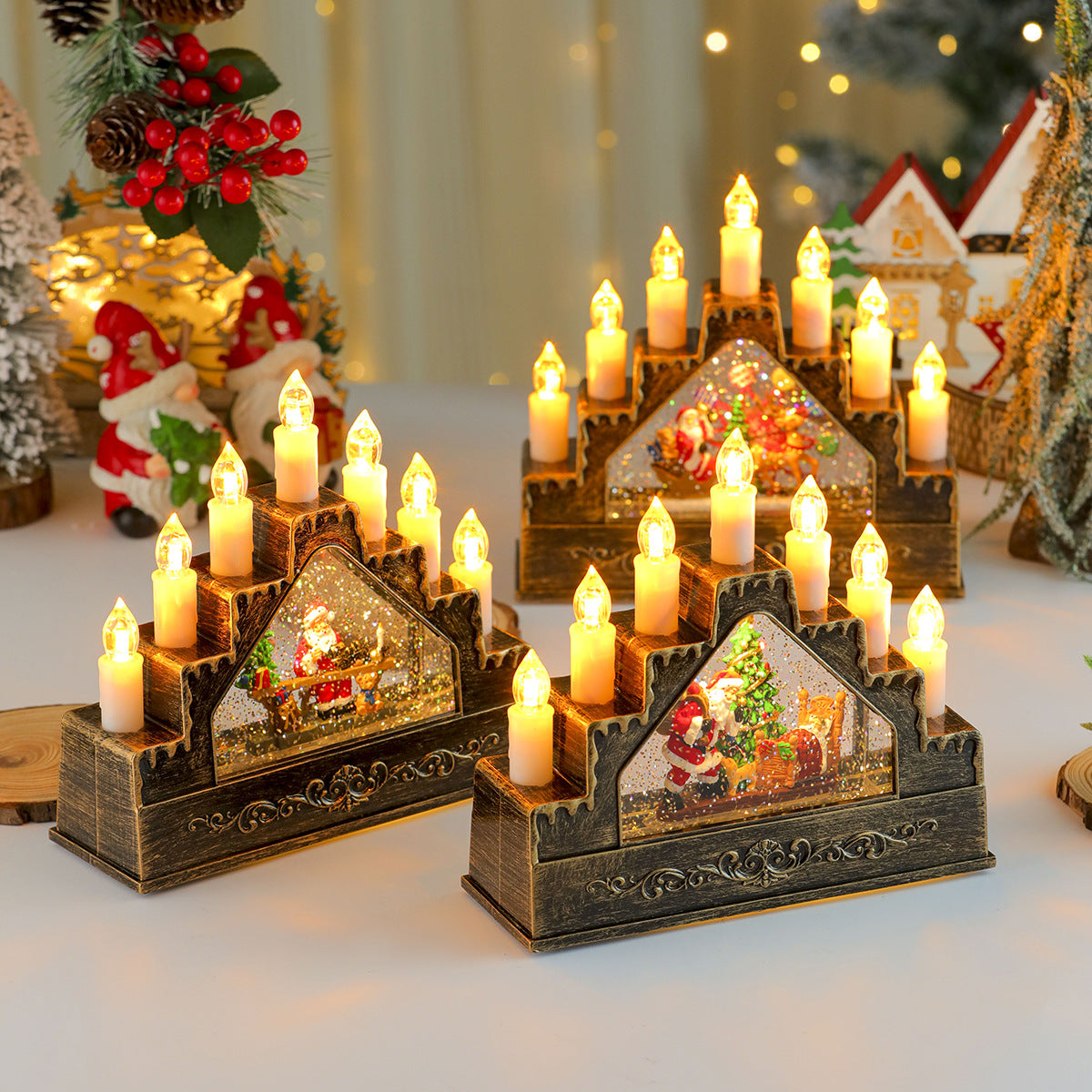 Candle Arch with Warm Christmas Lights | Lit Santa and Tree Scene | Wooden Mantel Centerpiece for Holiday Tables