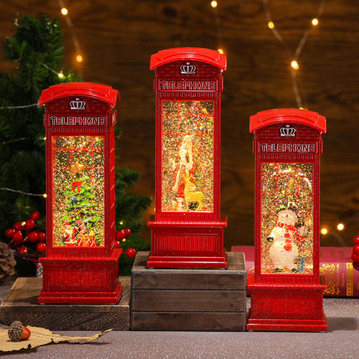 Christmas Snow Globe with a Red Telephone Box and Tree Scene | Shake It for Swirling Snowflakes | Festive Decorations, 3 Designs