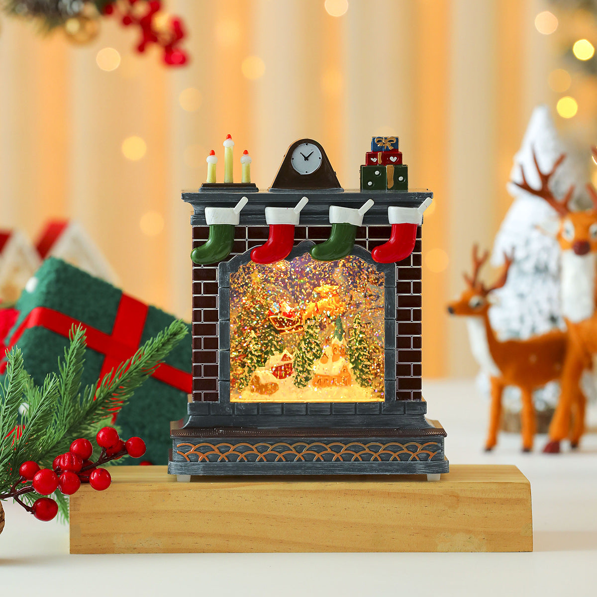 Fireplace Decoration with Christmas Lights | Stockings and Clock Detail | On Off Switch for Mantel or Shelf Display