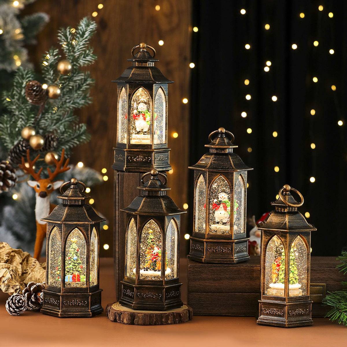 Battery Operated Christmas Lights in a Glitter Filled Lantern | Santa and Snowman Scenes Inside | Warm Cordless Tabletop Decor