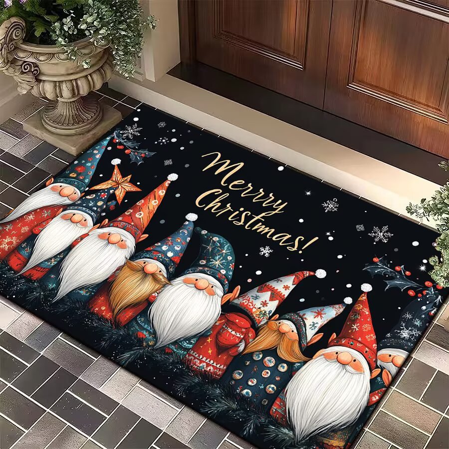 Christmas Door Mat with Santa, Reindeer and Ornaments | Festive Xmas Welcome Rug for the Porch | Holiday Entrance Decor