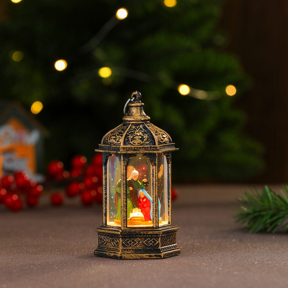 Ornate Christmas Lanterns with a Painted Holiday Figure Inside | Soft LED Light, Just Add Batteries | Cozy Accent for Any Room